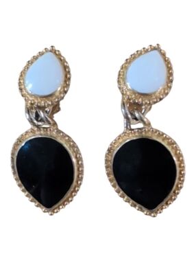 Gold, Black And Cream Teardrop Dangle Clip Earrings